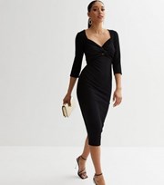New Look Black Ribbed Cut Out Twist Midi Dress